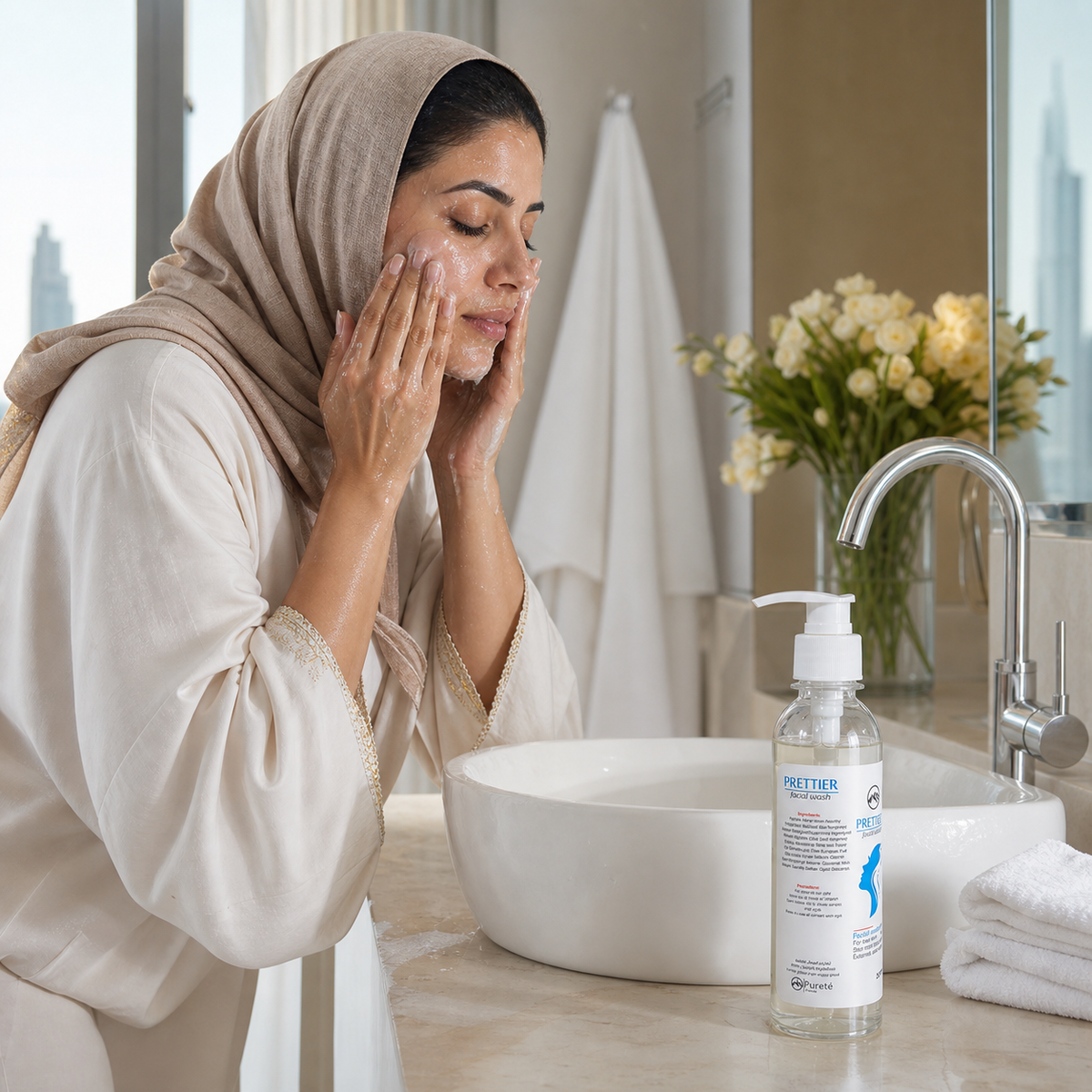 روتين تنظيف عميلة في الإمارات باستخدام غسول Prettier