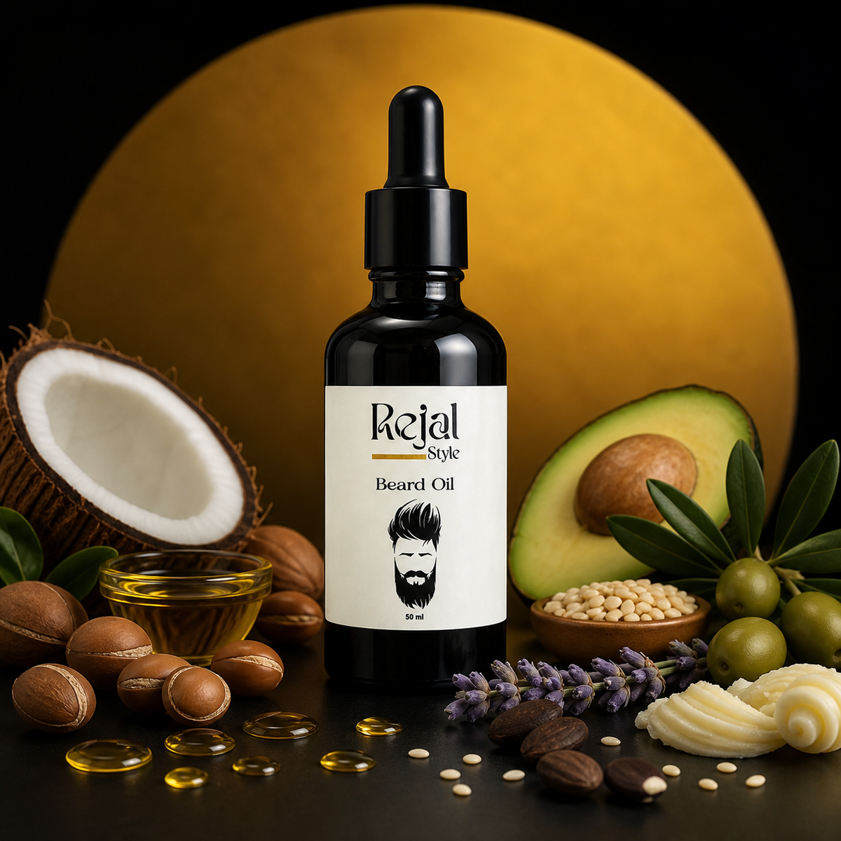 زيت Rejal للحية مع الزيوت النباتية الموثقة في تركيبته