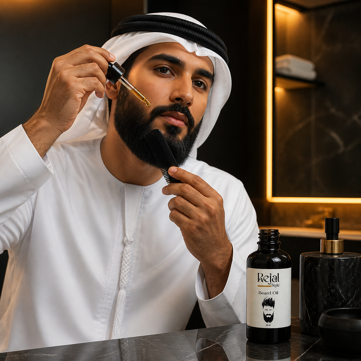 روتين عناية إماراتي باللحية باستخدام زيت Rejal Style